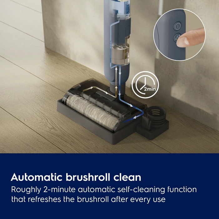 After use, the automatic self-cleaning refreshes the brush roll with clean water in just 2 minutes