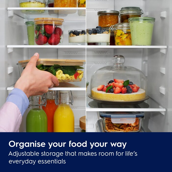 Easily organize contents with adjustable shelves and wide drawers