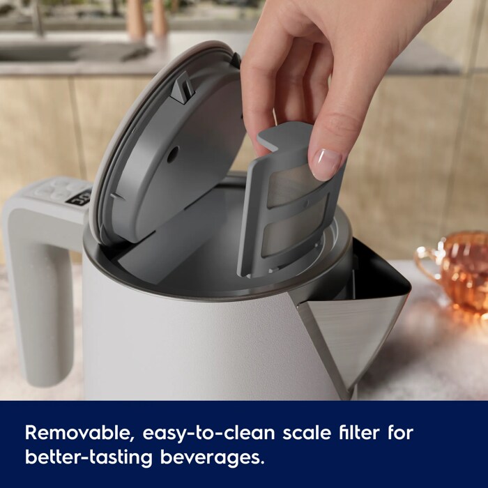 Removable, easy-to-clean scale filter for better-tasting beverages.