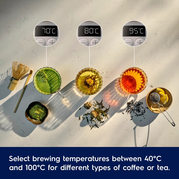 Select brewing temperatures between 40°C and 100°C for different types of coffee or tea.