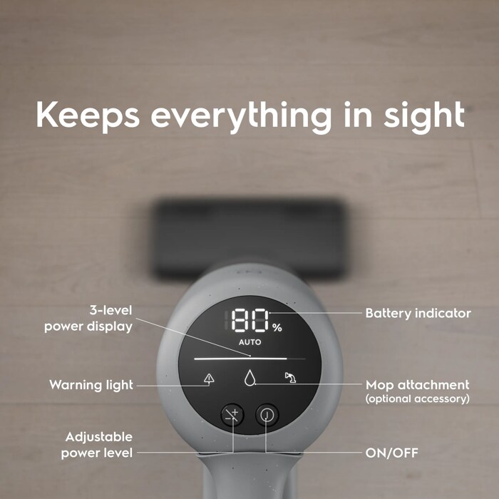 Keeps everything in sight. 3-level power display. Warning light. Adjustable power level. Battery indicator. Mop attachment (optional accessory). ON/OFF.