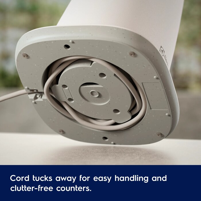 Cord tucks away for easy handling and clutter-free counters.