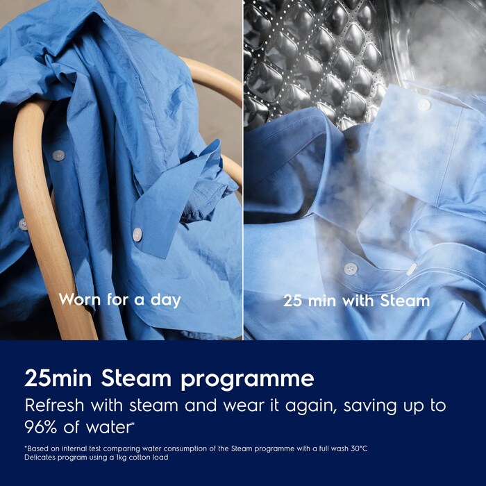25min Steam programme. Refresh with steam and wear it again, saving up to 96% of water*. Disclaimer: *Based on internal test comparing water consumption of the Steam programme with a full wash 30°C Delicates program using a 1kg cotton load. 