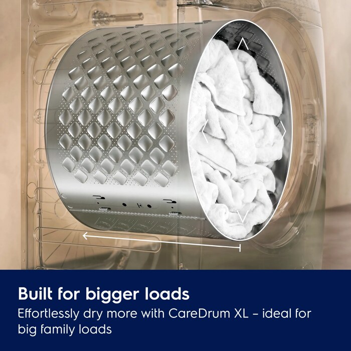 Built for bigger loads 
Effortlessly dry more with CareDrum XL – ideal for big family loads