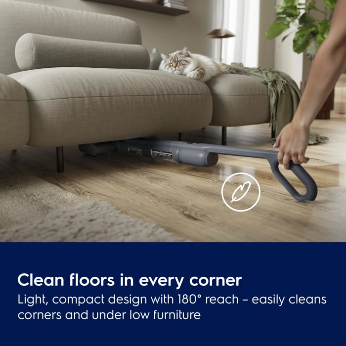 The smart design enables 180° flat cleaning and maneuverability to easily reach corners and glide under low furniture.
Tthis wet cleaner is at just 950g in hand. It is whisper-quiet at 68dB operation—no louder than a conversation