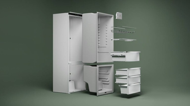 The inside of an Electrolux fridge made with 70% recycled plastics inner liners