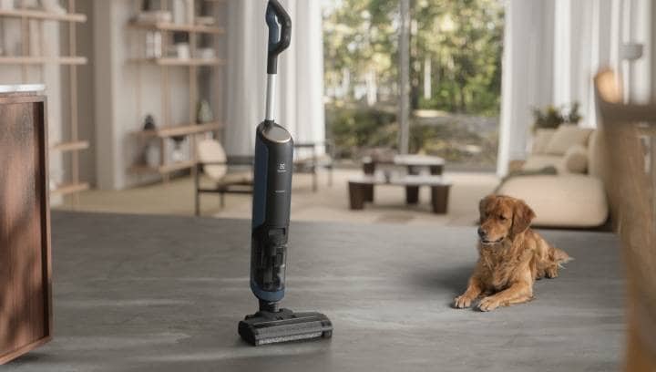 A cordless stick vacuum cleaner placed on the floor next to a dog in a clean house